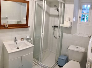 Un bagno con doccia vetrata, lavandino, water e piccolo cestino.
