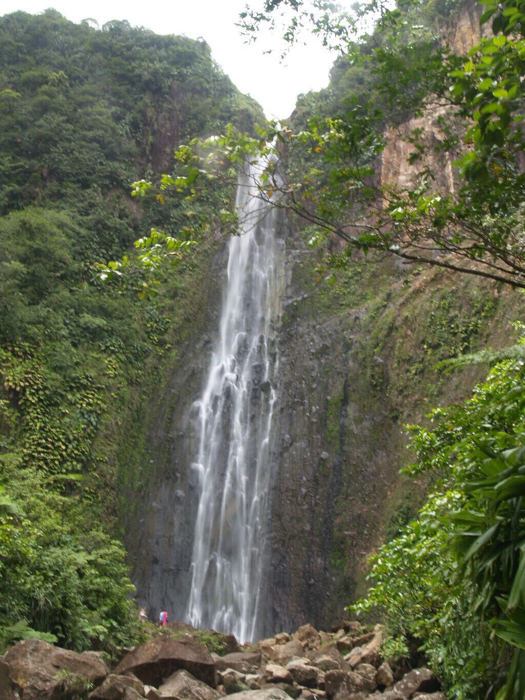 Une cascade se déversant le long d’une falaise abrupte, entourée d’une végétation luxuriante.