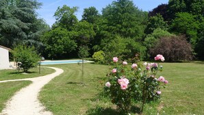 A pathway leading to a pool surrounded by lush greenery and flowering plants. - Set of houses, with heated indoor pool, surrounded by nature (Le Tablier)