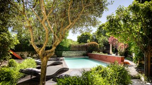 A pool surrounded by lush greenery and a tree. - OLD BUILDING Pool, Garden and Terrace views towards GORDES and JOUCAS (Goult)