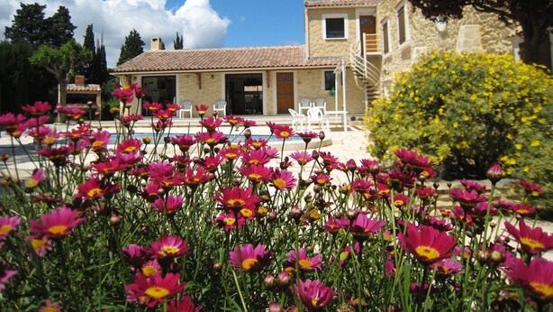 A two-story stone building with a tiled roof, a pool, and a garden with pink flowers. - House near the SEA - private SWIMMING POOL - COUNTRYSIDE - in LANGUEDOC - 15 people (Loupian)