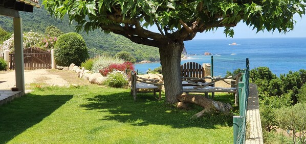 A tree-lined patio with a view of the ocean, a wooden fence, and a bench.
