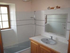 Bathtub, hair dryer, toilet paper