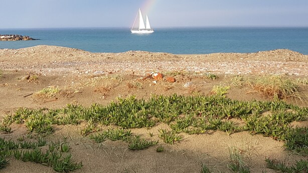 A beach with a sailboat and a rainbow in the distance. - LARGE 3 BEDROOM APARTMENT ON THE SEAFRONT in quiet Barcarès just off the beach (Le Barcarès)