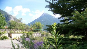A garden with various plants and a mountain in the background. - Apartment, garden level, with mountain views, close to the center.  (Briançon)