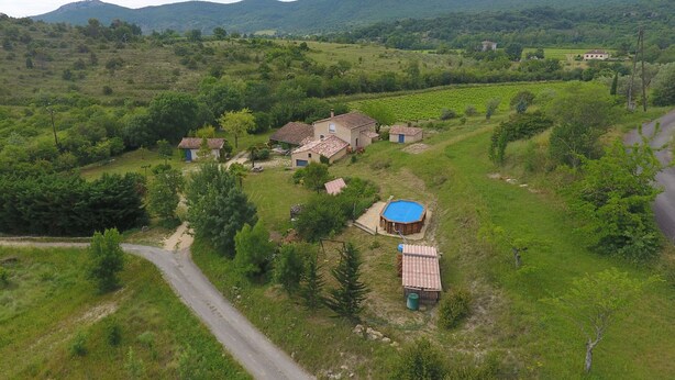 Un paysage rural avec une maison entourée de verdure et une route.