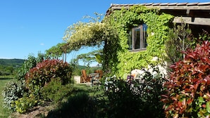 Une maison dont la façade est en bois et partiellement recouverte de lierre vert.