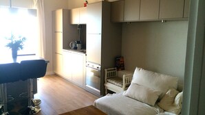 A compact living space with a kitchenette, a dining area with a bar stool, a sofa, and a window with curtains.