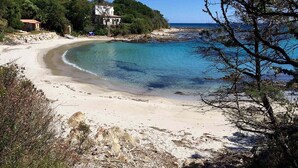 A coastal beach with clear turquoise water, sandy shore, and a few buildings in the background.