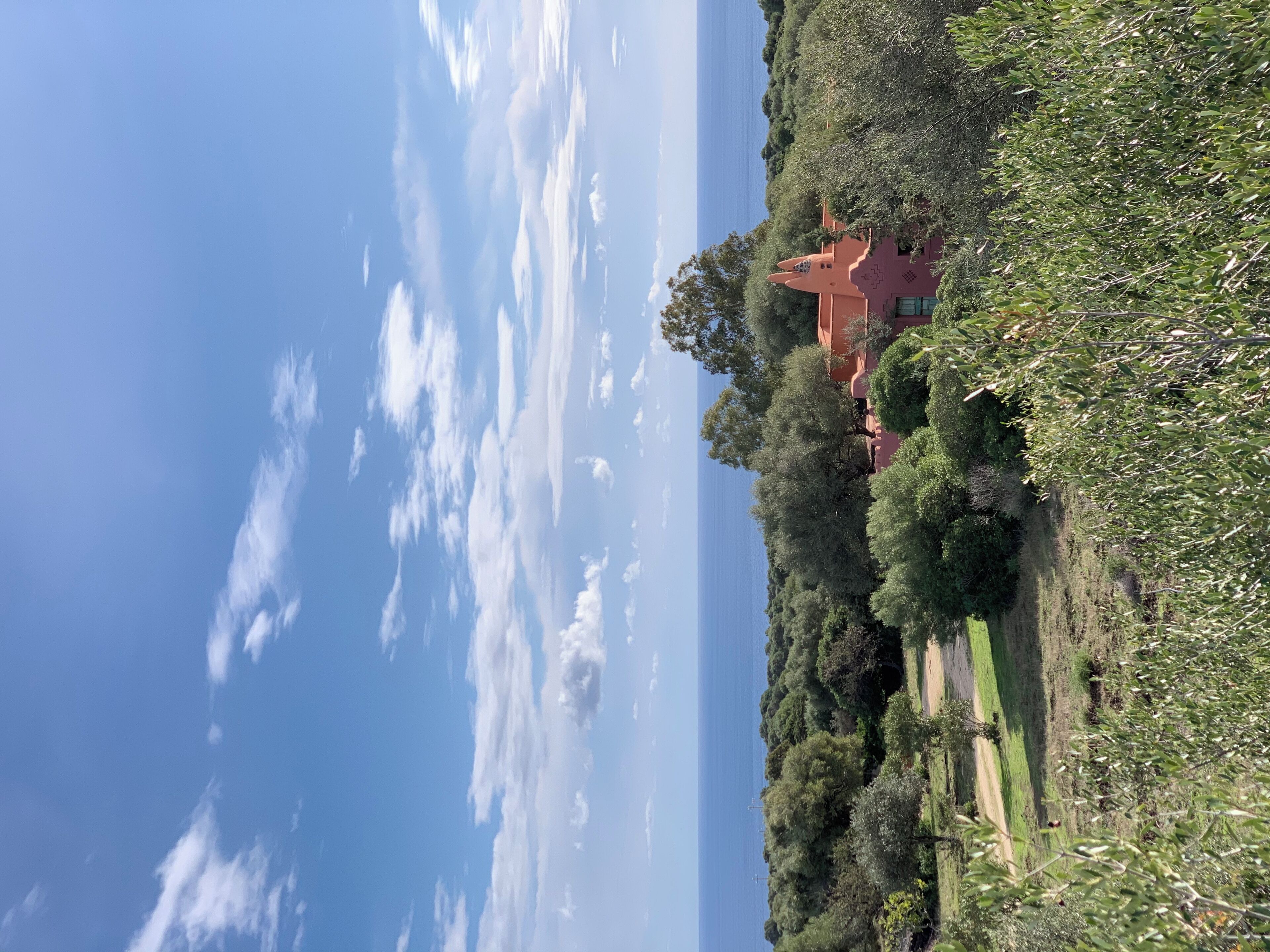 Un paysage côtier avec une maison entourée d’arbres et une vue dégagée sur la mer.