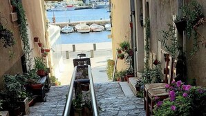 Ein schmaler Steinweg führt zu einem Hafen mit Booten, gesäumt von Gebäuden mit Blumentöpfen und Terrassen.