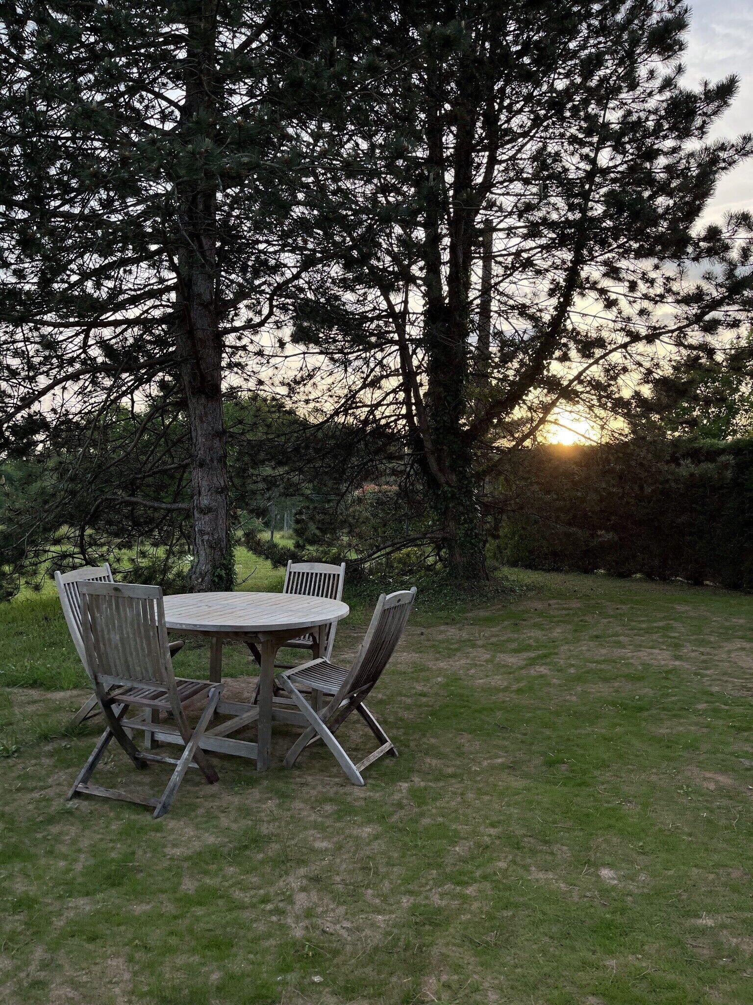 Ein runder Holztisch mit vier Stühlen in einer grünen Außenanlage, umgeben von Bäumen und einem Sonnenuntergang im Hintergrund.