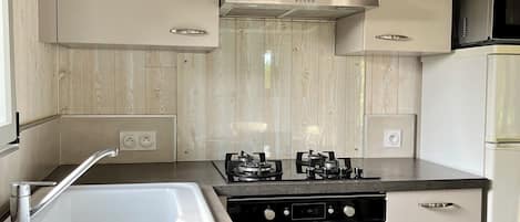 Frigorífico, microondas, horno y placa de cocina