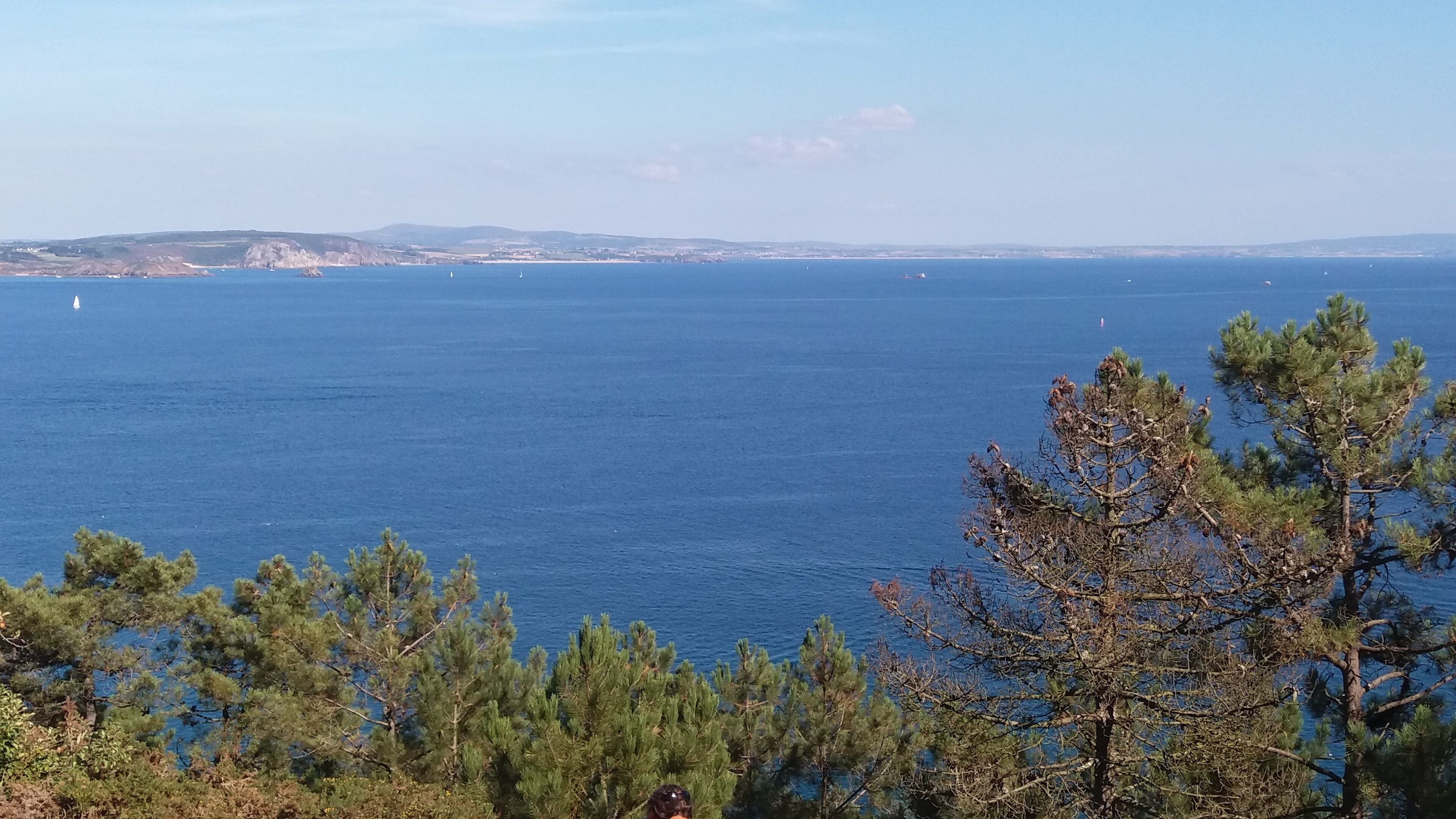 A coastal landscape with a view of the sea and distant land.
