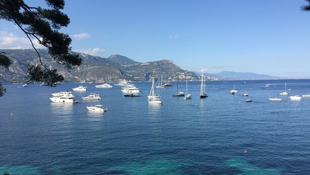 A coastal marina with multiple yachts and sailboats anchored in clear blue waters.