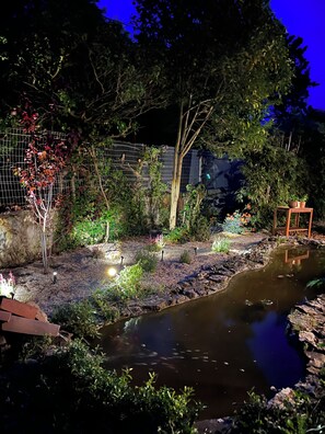 Un jardín con un estanque, diversas plantas y una valla.