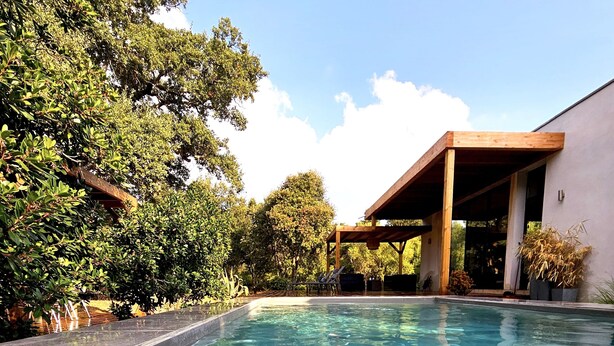 A swimming pool with clear water, surrounded by lush greenery and a wooden pergola structure.