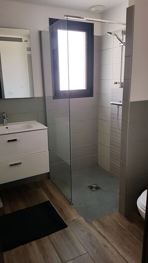 Dusche, Haartrockner, Handtücher, Seife