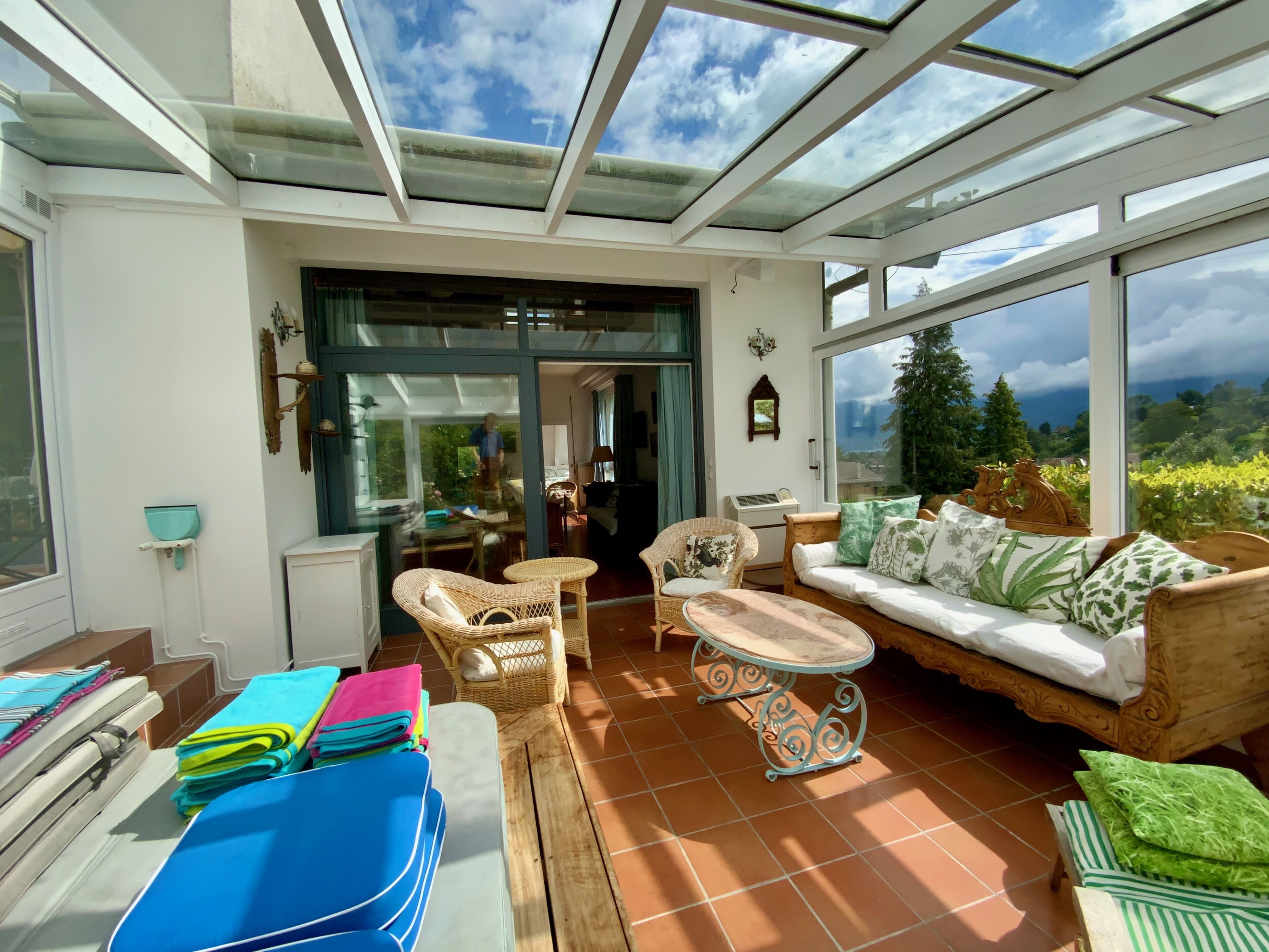 Télévision, cheminée, lecteur de DVD, livres