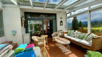 Télévision, cheminée, lecteur de DVD, livres