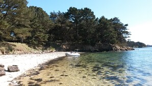 A beach with clear shallow waters, a boat on the shore, and dense trees in the background.