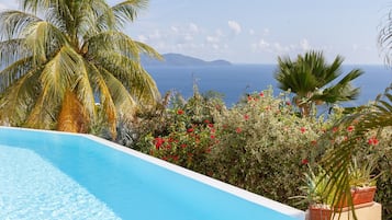 A swimming pool with a view of the sea and mountains.