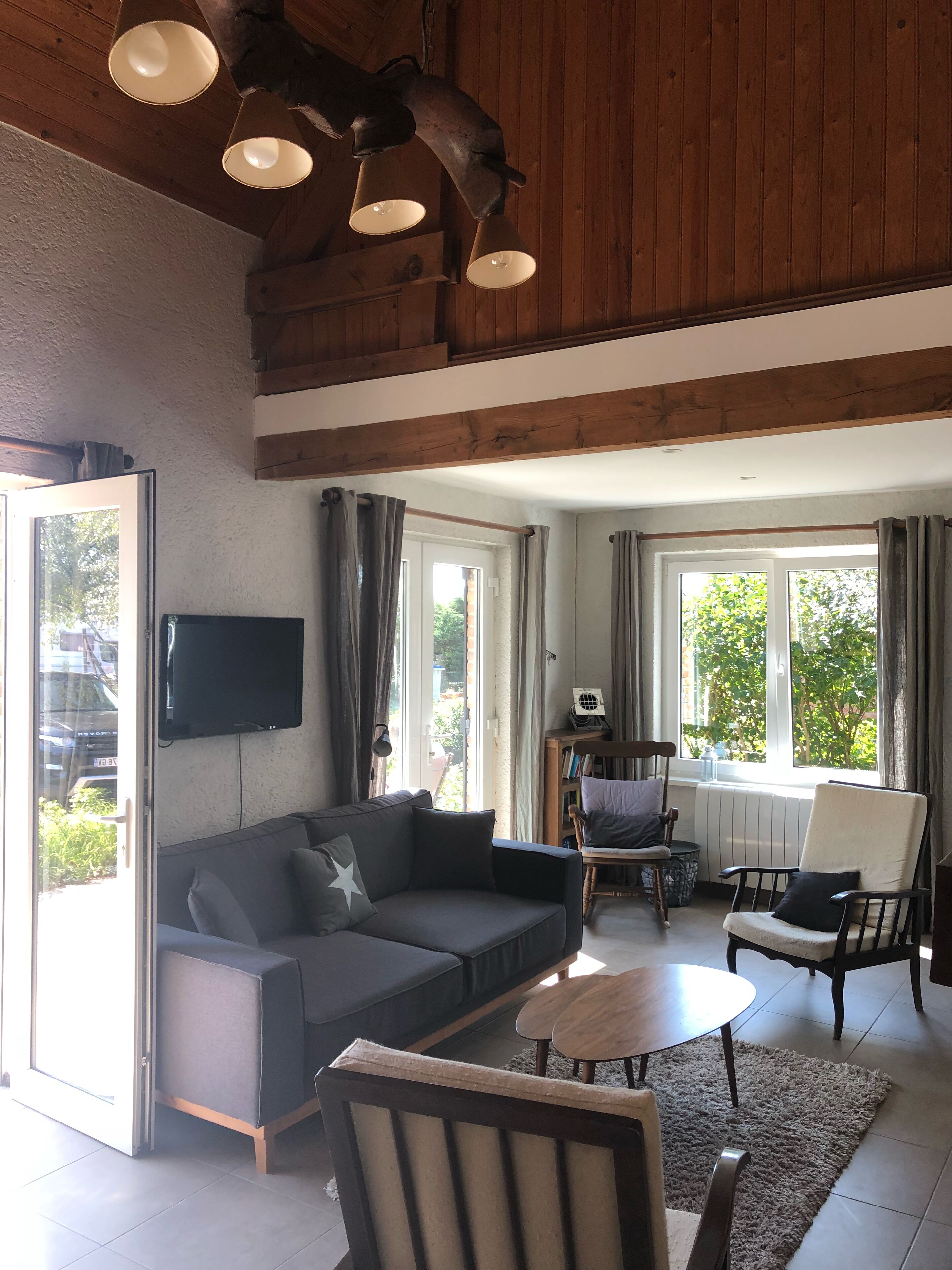 Télévision, cheminée, livres, espaces bureaux