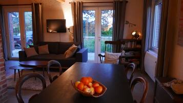 Télévision, cheminée, livres, espaces bureaux