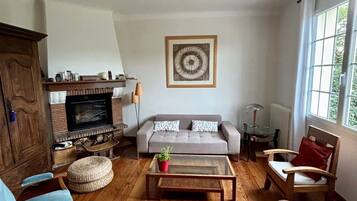 TV, fireplace, DVD player, books