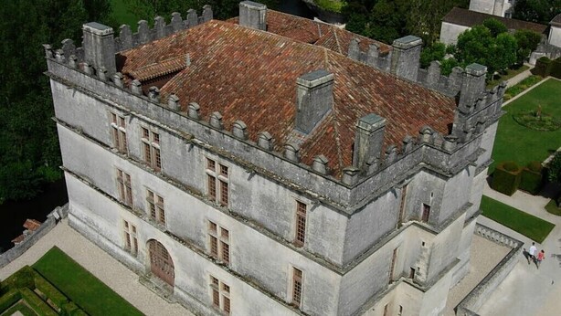 A large, historic building with a prominent tower and multiple windows. - Chalet overlooking a pond in a green setting. (Augignac)
