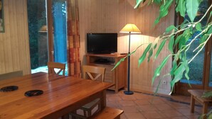 Une table à manger en bois avec des chaises, un téléviseur posé sur un meuble et une lampe sur pied.