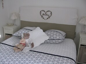 1 bedroom, desk, iron/ironing board, bed sheets