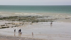 Une plage où l’on voit des gens se promener et jouer dans l’eau.