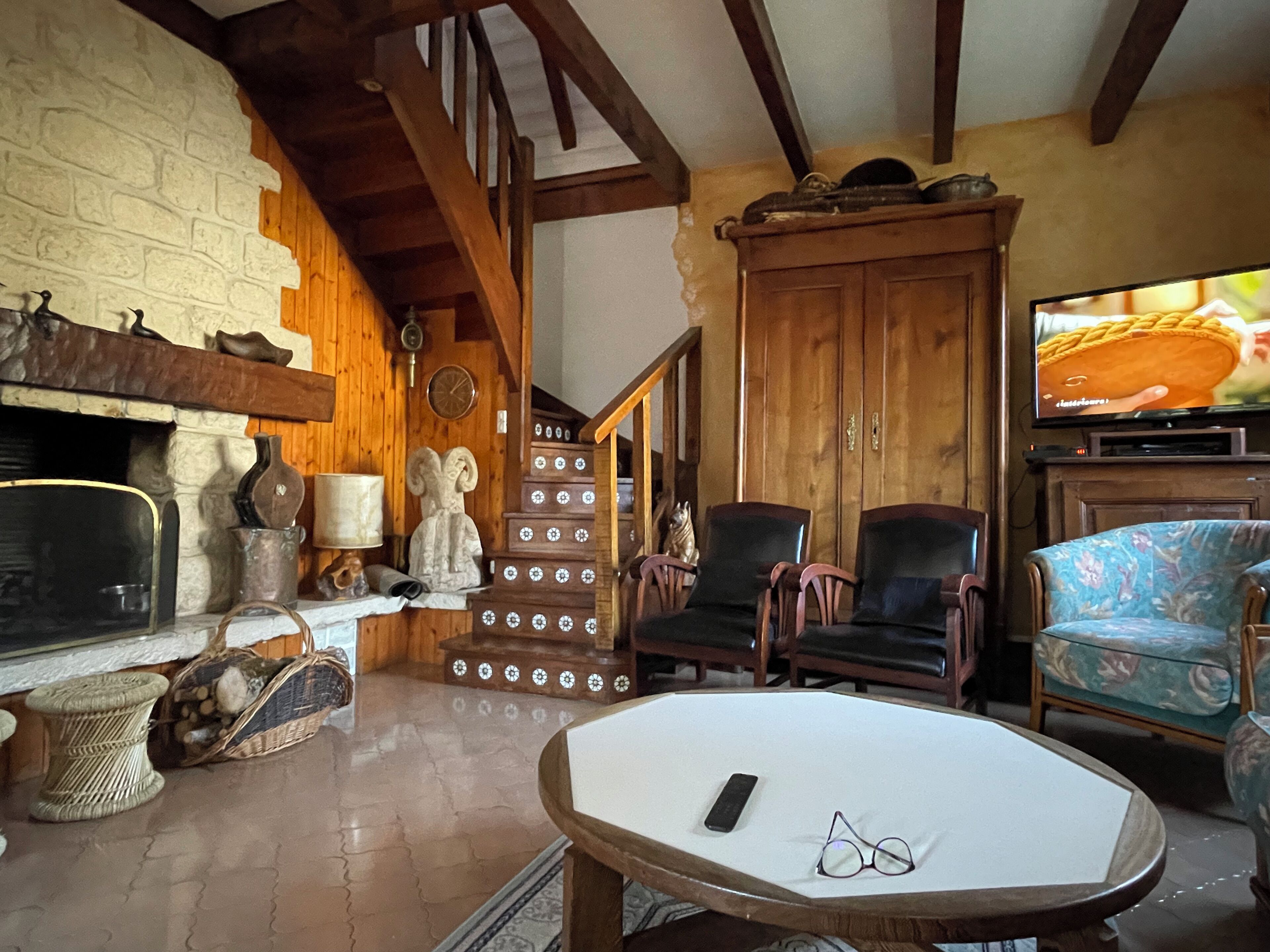 Télévision, cheminée, lecteur de DVD, livres