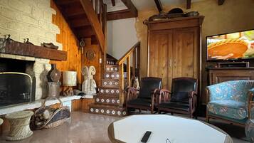 Télévision, cheminée, lecteur de DVD, livres