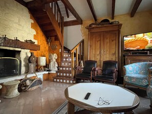 Fernseher, Kamin, DVD-Player, Bücher