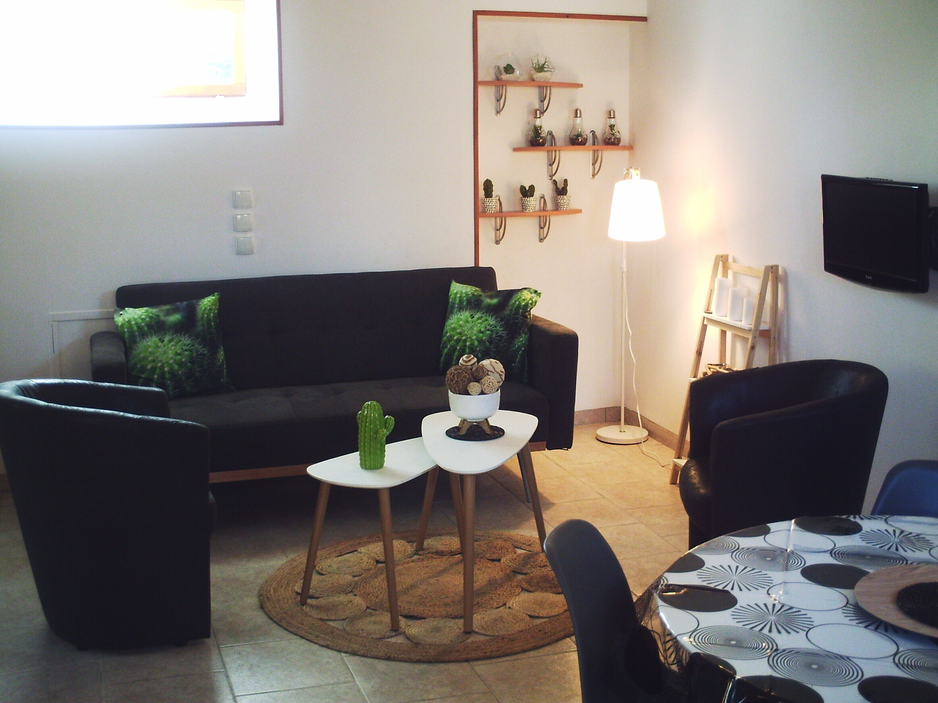 Télévision, cheminée, chaîne hi-fi