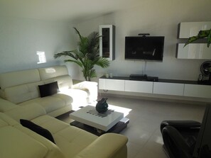 LED TV, DVD player, books, music library