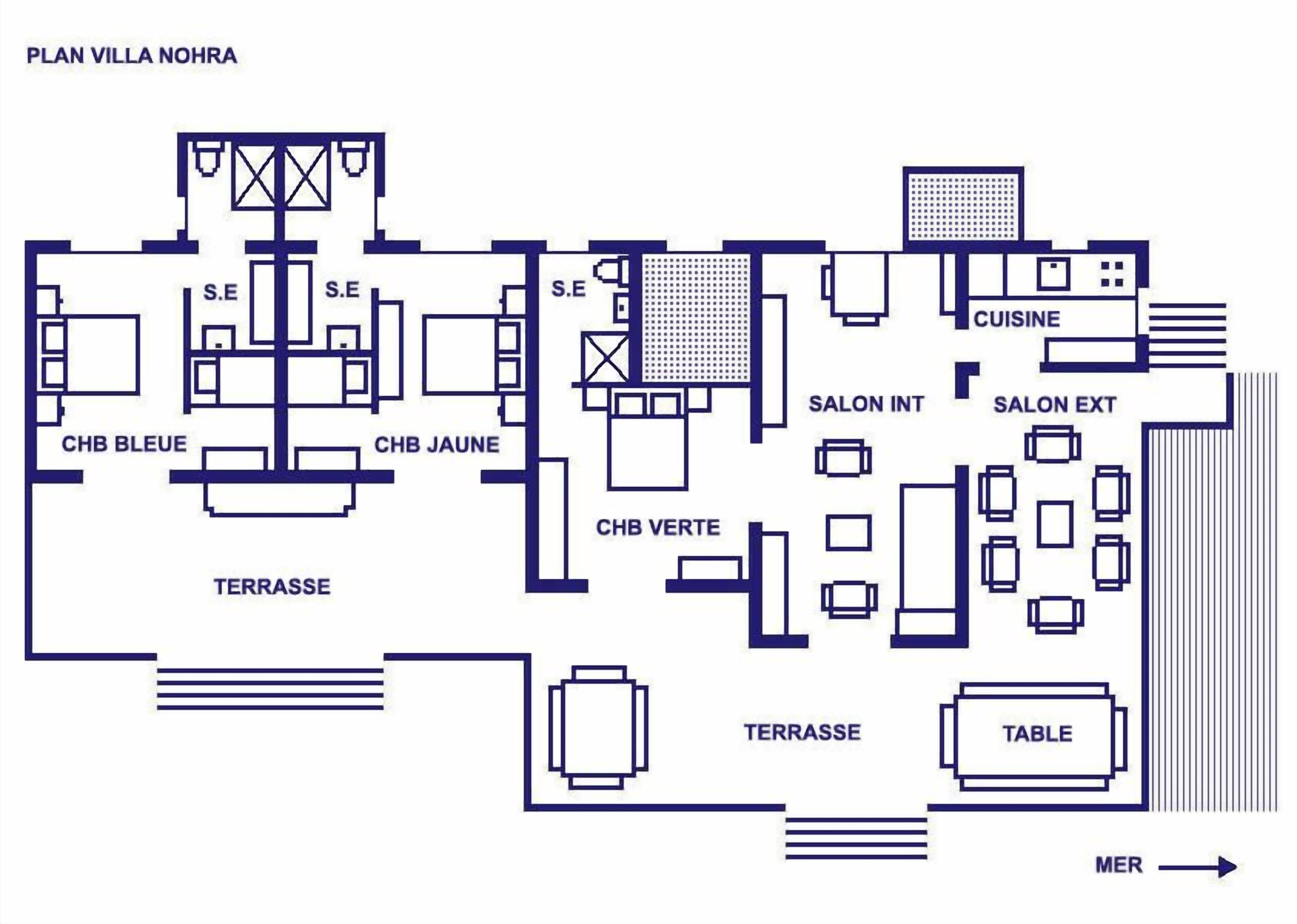 Grundriss der Villa Nohr mit beschrifteten Räumen, darunter 'CHB BLEUE', 'CHB JAUNE', 'CHB VERTE', 'TERRASSE', 'S.E', 'S.E', 'S.E', 'SALON INT', 'SALON EXT', 'CUISINE' und 'TABLE'.
