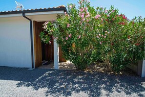 A building with a gravel driveway, a wooden door, and a bush with pink flowers.