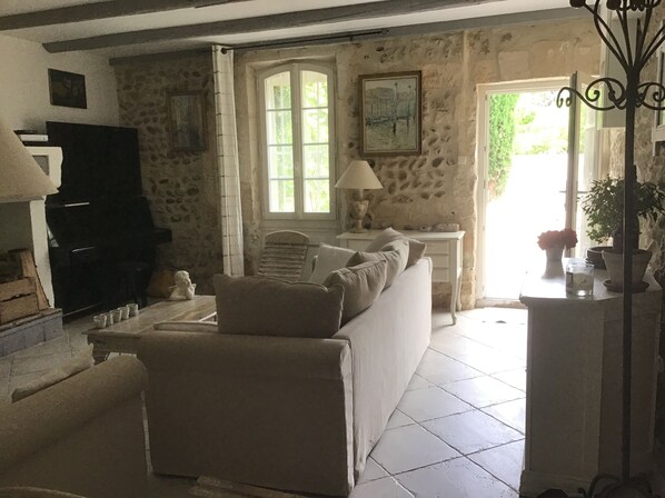 TV, fireplace, books