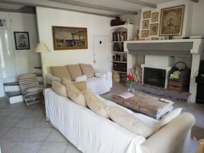 Télévision, cheminée, livres