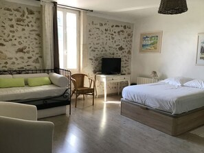 A room with a bed, a sofa, a desk, a television, and a chair. - Small farmhouse with  AC in the Alpilles, 15 mn  baux de Provence, 3mn  Mouries (Saint-Martin-De-Crau)