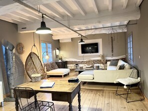 TV, fireplace, books