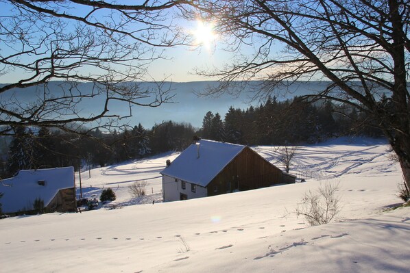 A snow-covered landscape with a wooden cabin and a white building, surrounded by trees and a clear sky. - CHARMING CHALET HAUTES VOSGES (Saulxures-sur-Moselotte)
