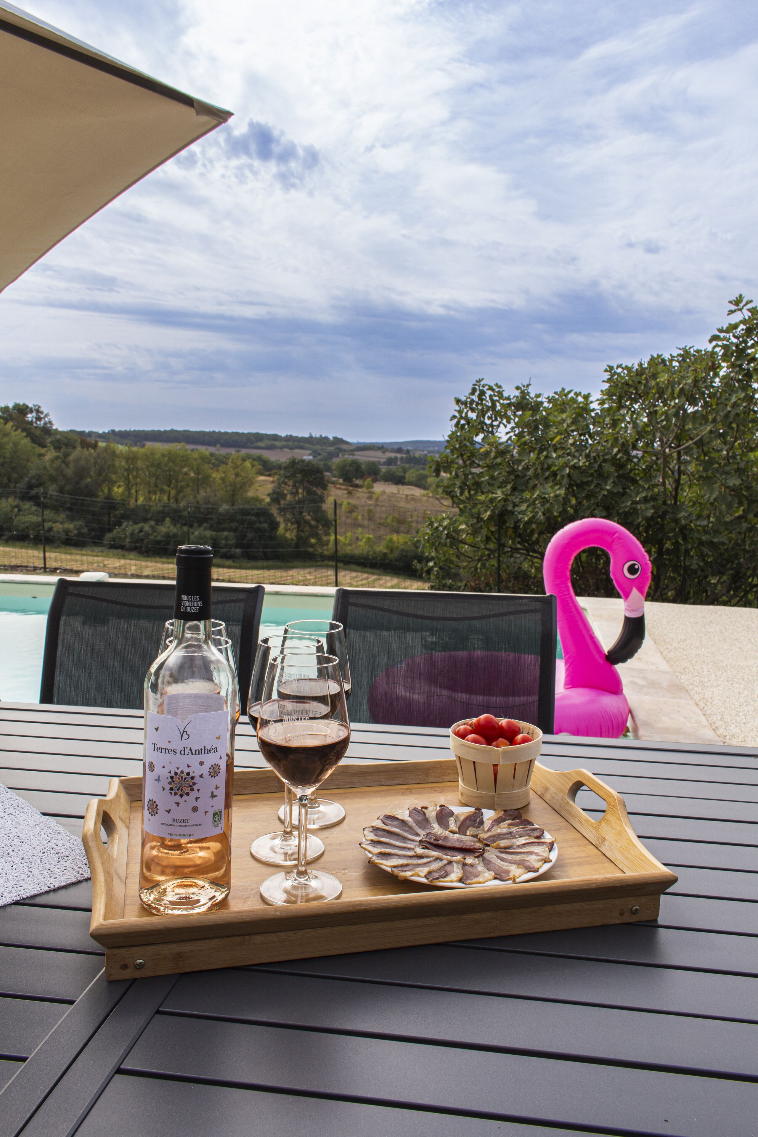A table with a bottle of wine, glasses, a tray with food, and a pink flamingo chair by a pool.