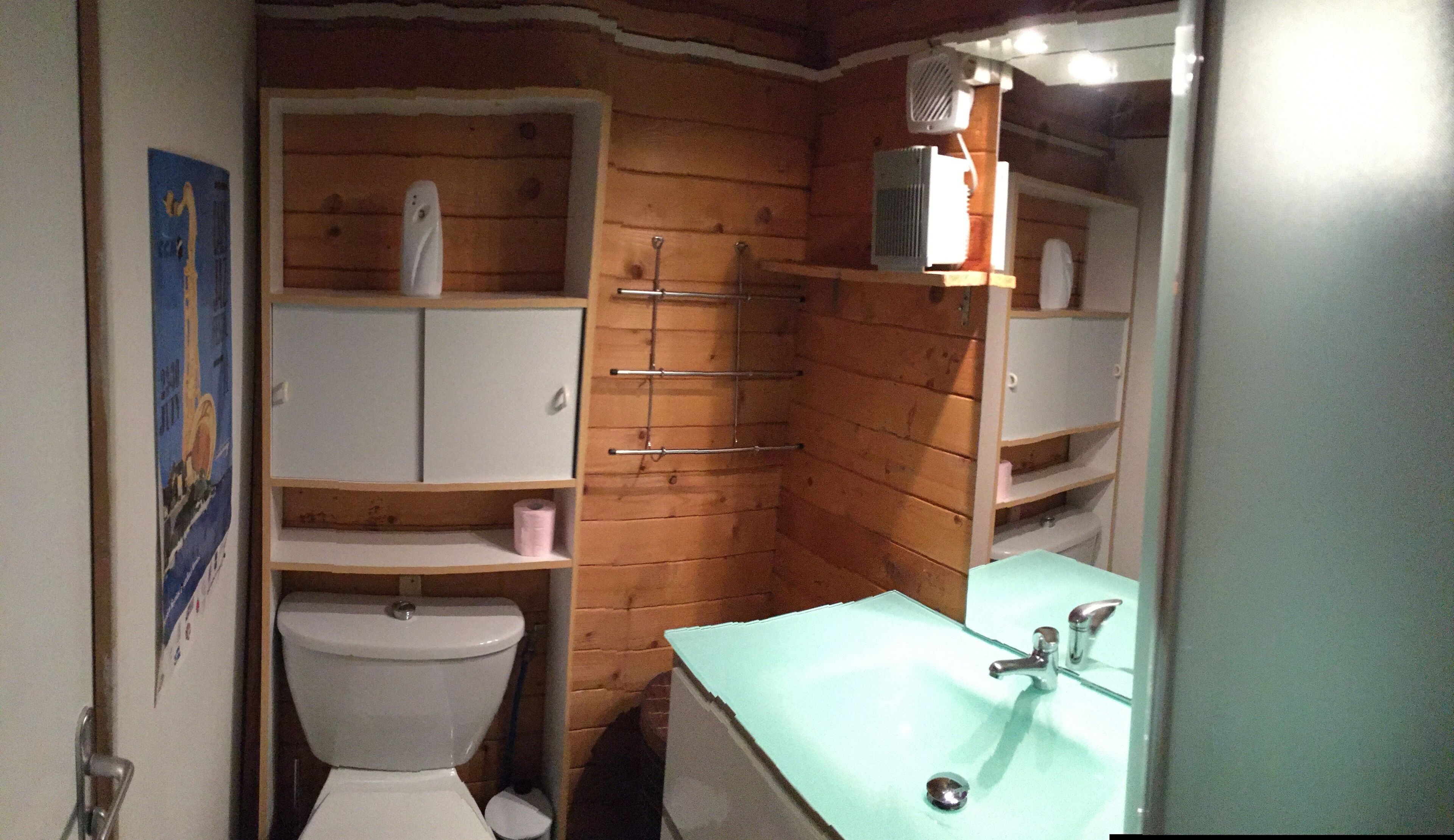 A compact bathroom with a toilet, a sink, and a shower area.
