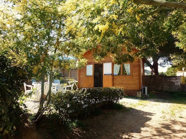 Een houten chalet met een deur, ramen en een klein terras.