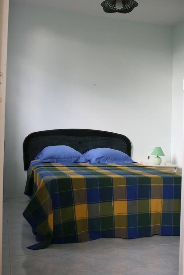 A bed with a plaid bedspread, a nightstand with a lamp, and a ceiling light fixture. - Quiet and nice apartment, between the sea and the mountain (Le Carbet)