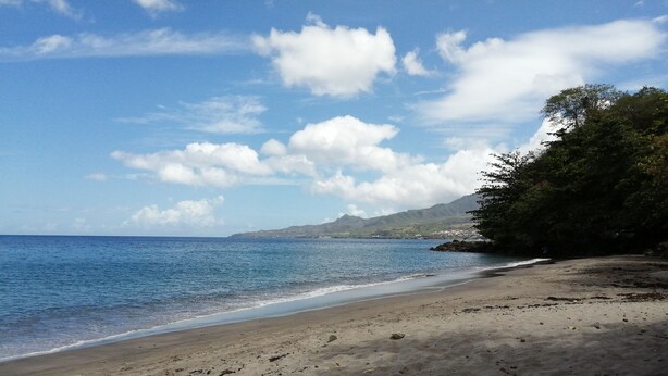 A beach with clear water, a sandy shore, and a mountain in the background.
